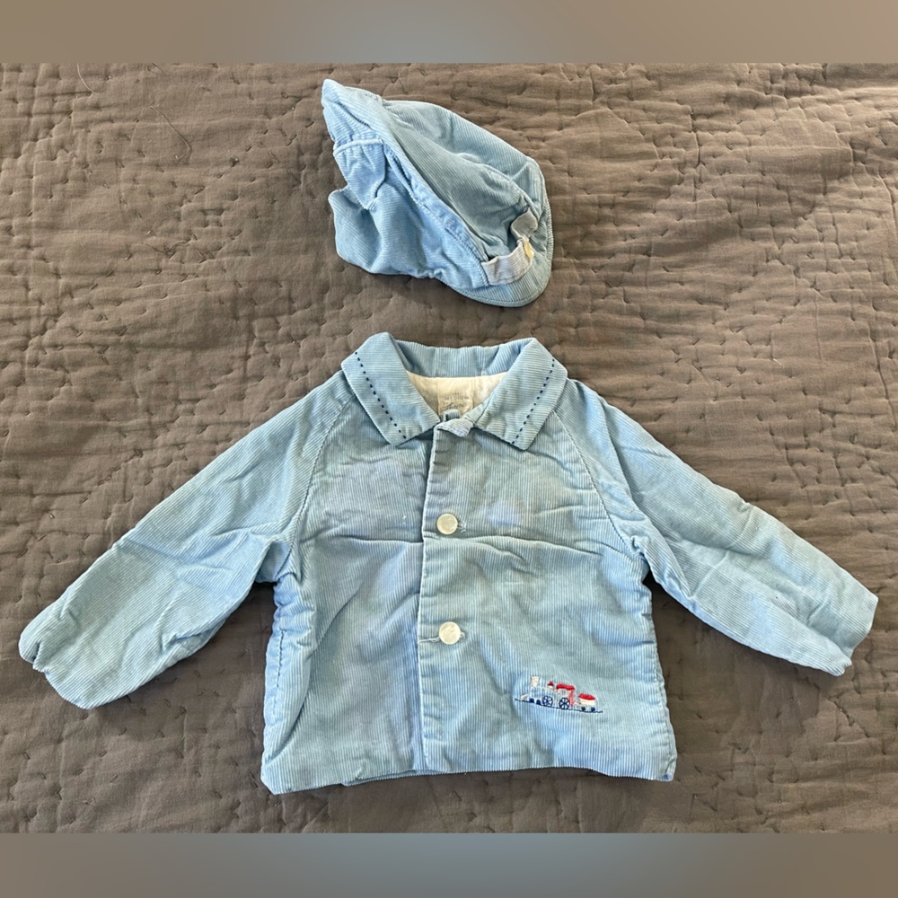 Vintage 1960s By Thomas Blue Baby Corduroy Embroidered Train Jacket Hat Medium